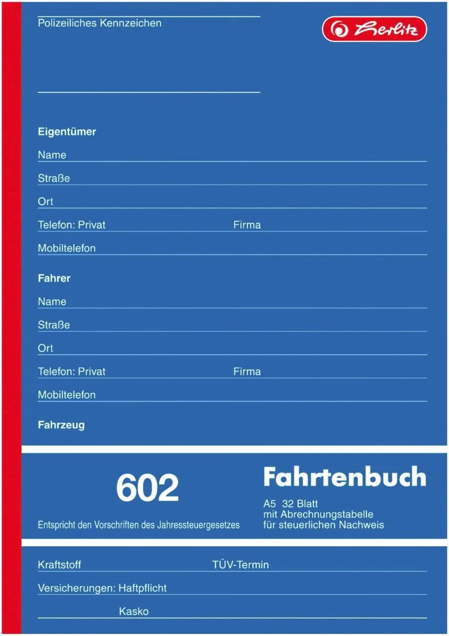 Formularblock Fahrtenbuch A5, 32 Blatt Herlitz beidseitig bedruckt (Nr. 602)