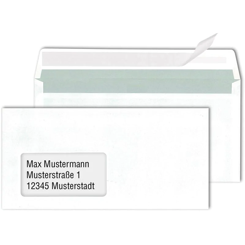 Kuvert 500x DIN lang=110x220mm, mit Fenster, weiß, Haftklebung