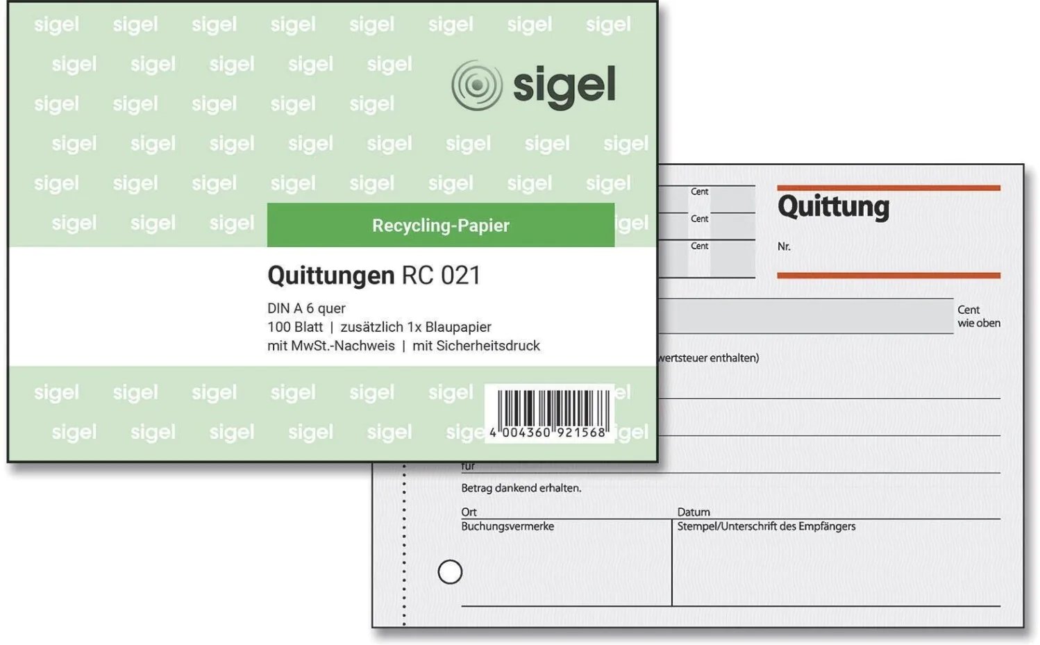 Formularblock Quittung A6 quer 100 Bl. sigel Recyc. Sicherheitsdruck Blaupapier