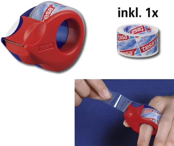 Klebebandabroller Mini für den Finger tesa rot/blau bis 10m lang und 19mm breit