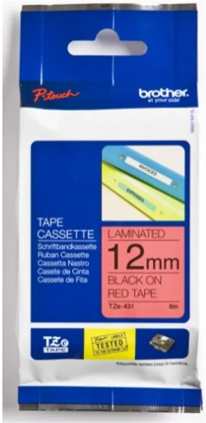 Original Beschriftungsband Brother TZe-431, 12mm x 8m, schwarz auf rot