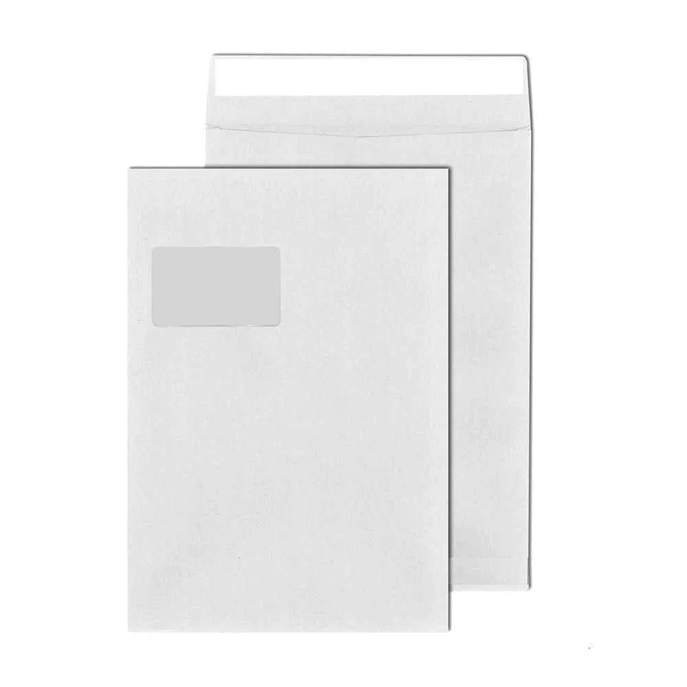 Faltentasche 200x C4=229x324mm, 2cm Falte, mit Fenster, weiß, Haftklebung