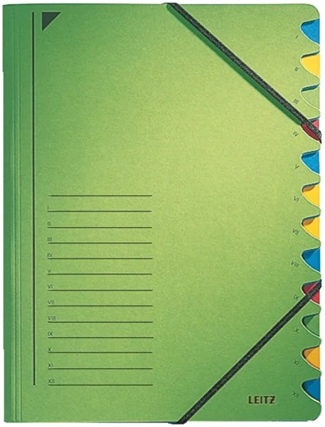 Ordnungsmappe 12 Fächer grün Leitz mit 2 Gummizügen für DIN-A4-Unterlagen