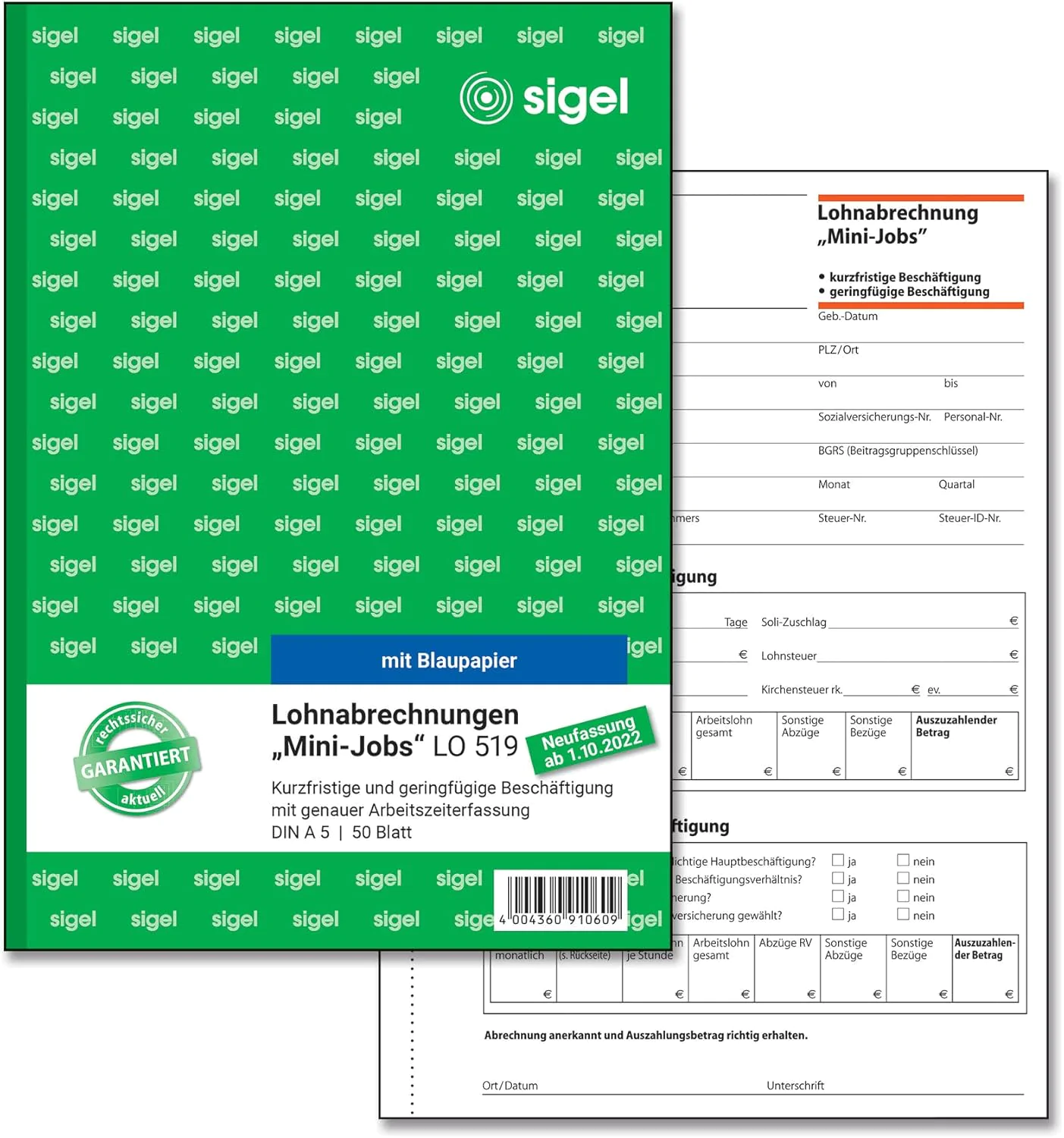 Formularblock Lohnabrechnung für Mini-Jobs A5 50 Blatt Sigel holzfreies Papier