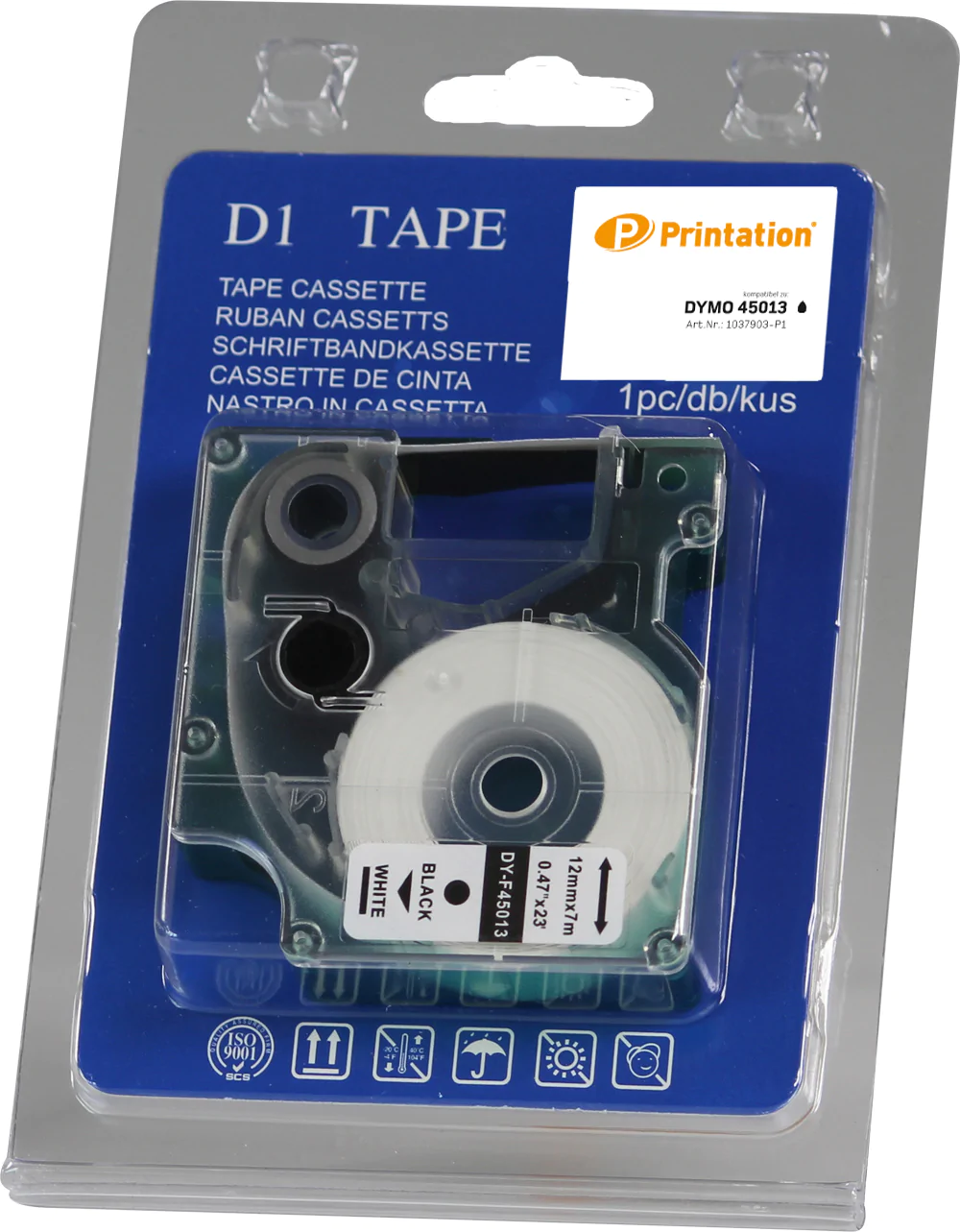 Printation Beschriftungsband ersetzt Dymo  45013/D1, schwarz auf weiß, 12mm x 7m