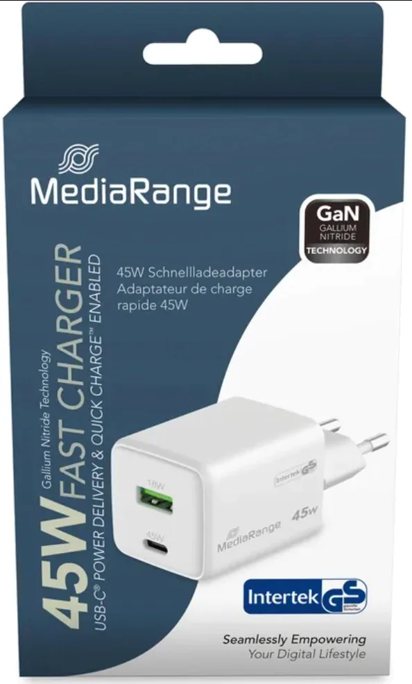 Schnellladegerät MediaRange bis 45W,besonders sicher da GS geprüft, USB & USB-C
