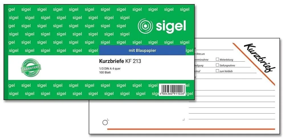 Formularblock Kurzmitteilung 1/3 A4 quer 100 Blatt sigel mit Blaupapier
