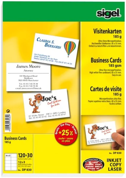 Visitenkarten auf A4-Träger hochweiß 185g, 85x55mm sigel, 15 Bl. je 10 Rohlingen