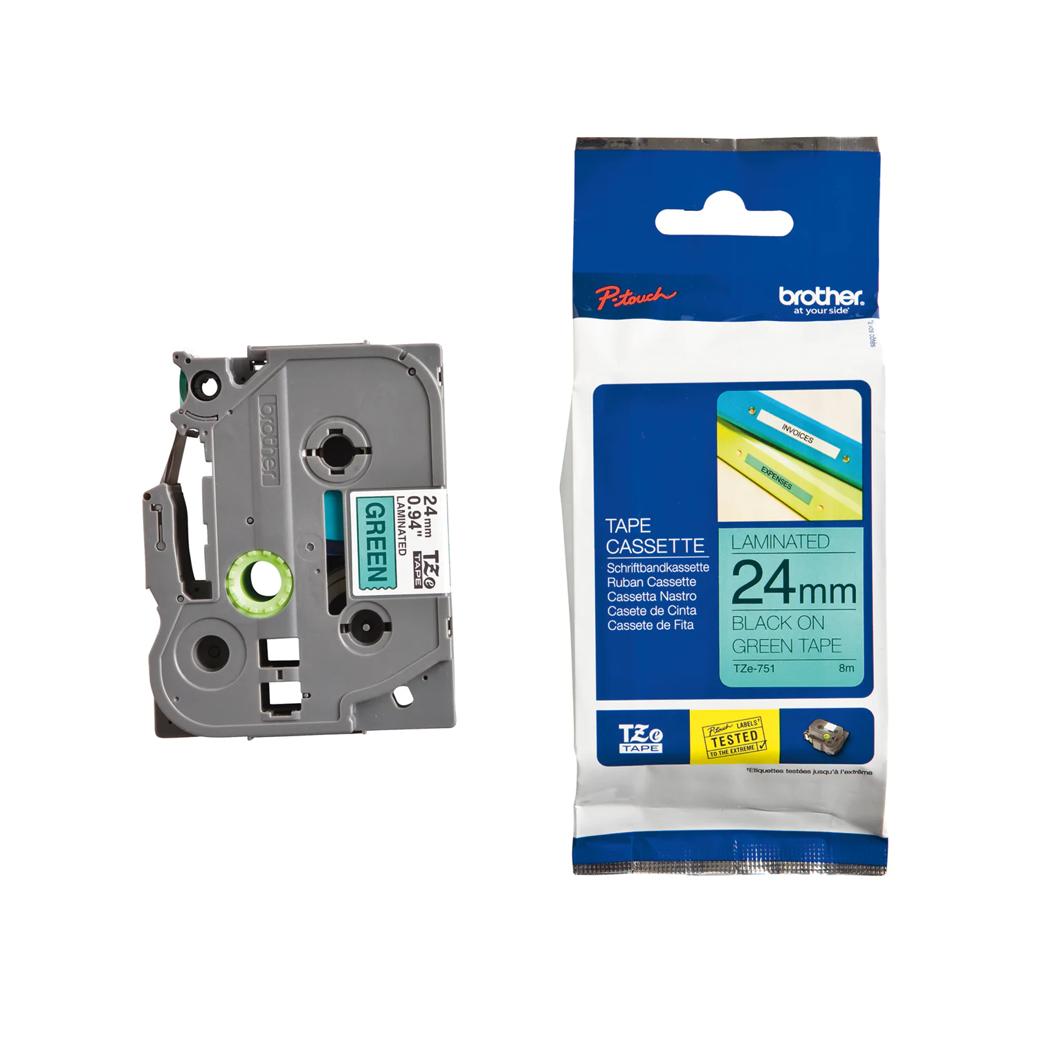Original Beschriftungsband Brother TZe-751, 24mmx8m, laminiert, schwarz auf grün