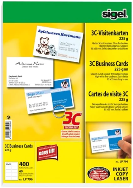 Visitenkarten auf A4-Träger hochweiß 225g, 85x55mm sigel, 40 Bl. je 10 Rohlingen