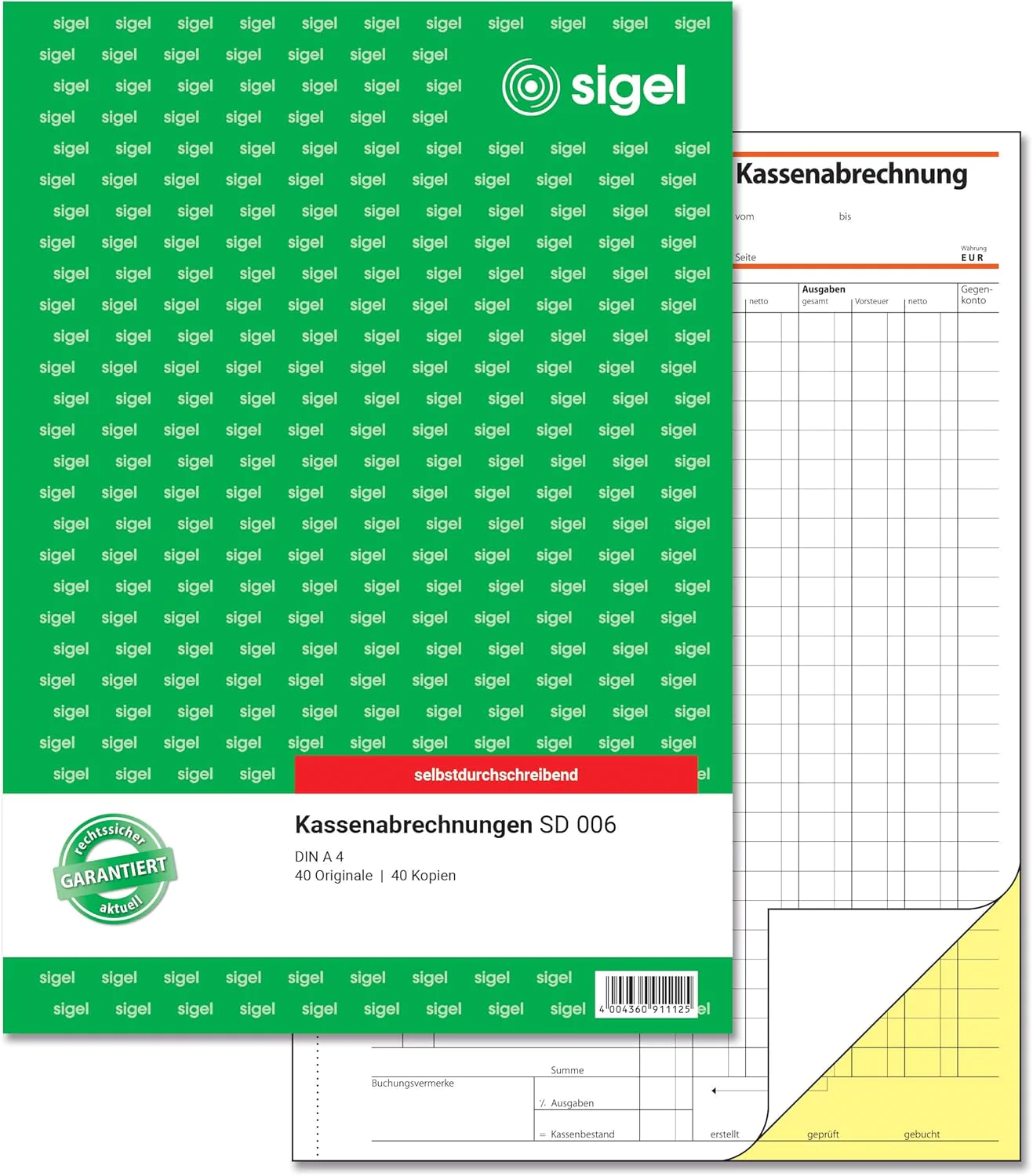 Formularblock Kassenabrechnung A4 2x 40 Blatt sigel selbstdurchschreibend