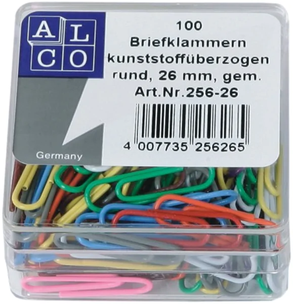Büroklammer 26mm Größe, runde Form, kunststoffüberzogen, farblich sortiert Alco