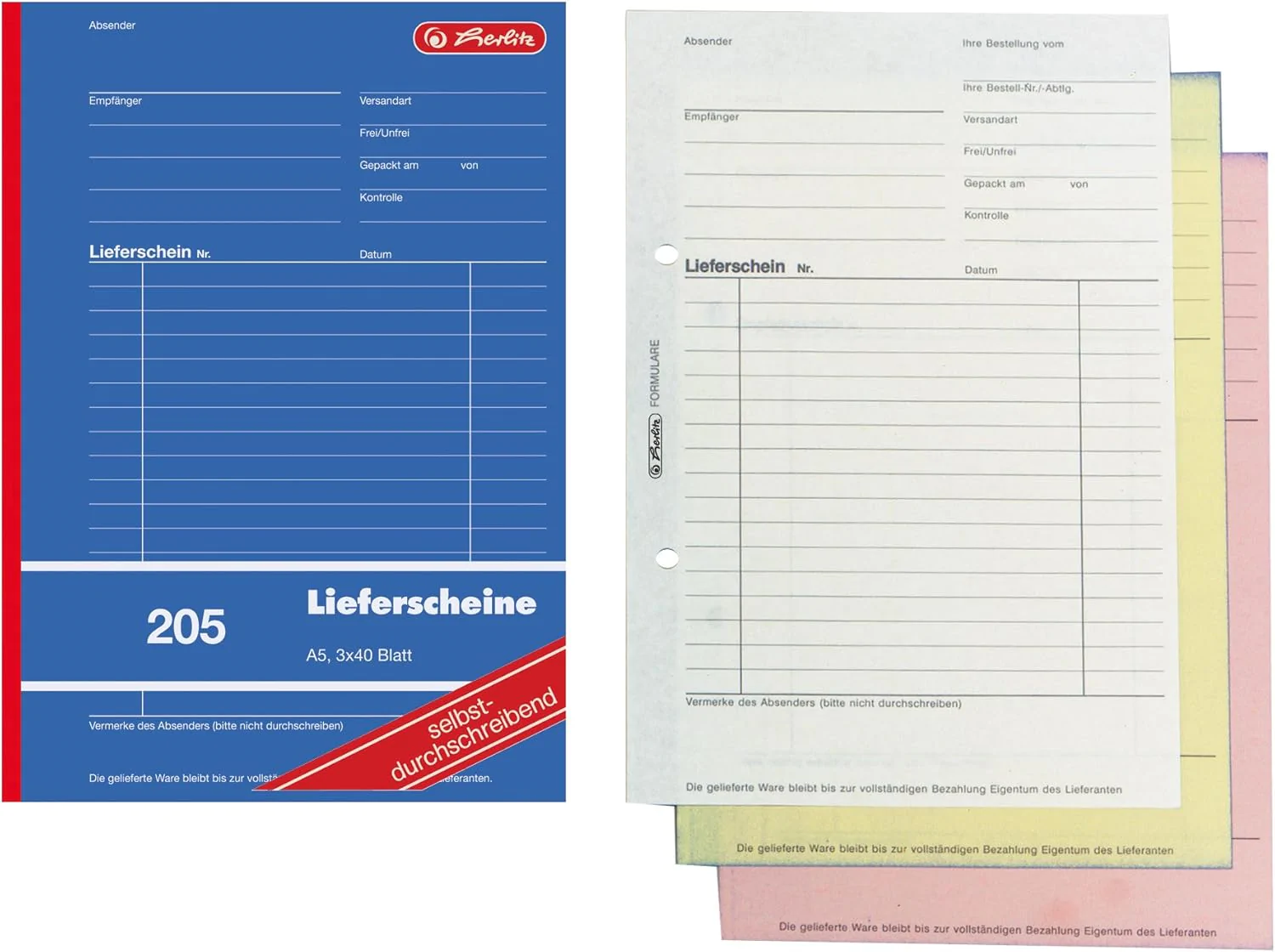 Formularblock Lieferschein A5 3x 40 B. Herlitz selbstdurchschreibend (Nr.205)