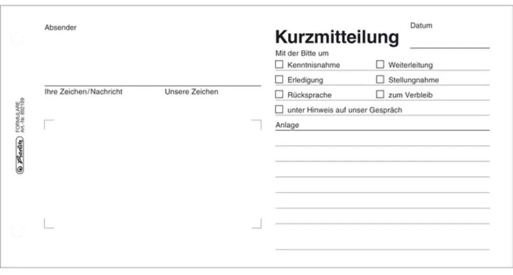 Formularblock Kurzmitteilung 50 Blatt 210 x 100mm, Herlitz