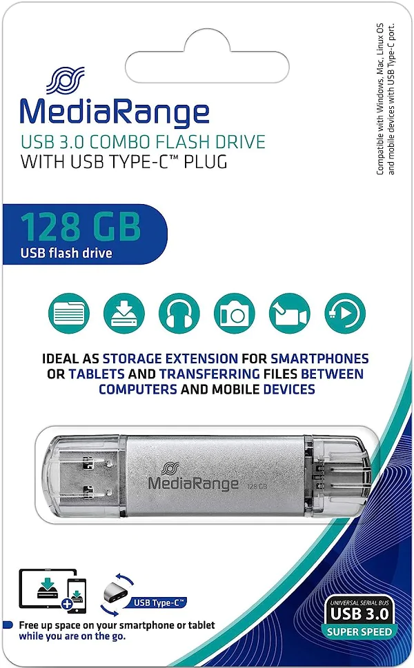 USB Stick 128 GB MediaRange DUAL mit USB 3.0 UND USB C - Anschluss